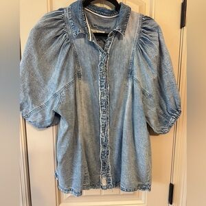 We The Free Light Blue Distressed Denim Puff Sleeve Shirt - Large